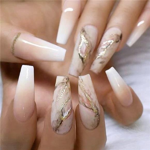 YoYoee Nude Press On Nails Coffin Long Fake Nails Acrylic Gradient False Nails